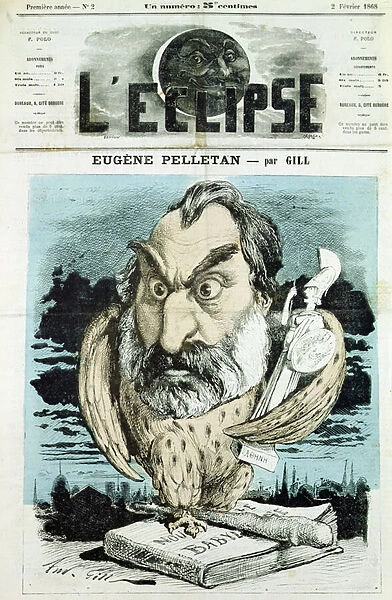Eugene Pelletan (1813-1884), French literary journalist and politician. Cover in L Eclipse by Gill, February 2, 1868, Paris (colour litho)