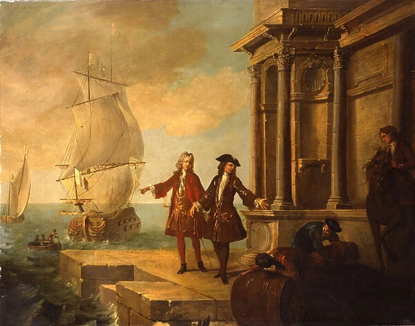 Europe - European merchants with stevedores handling a barrel and a bale on a quay