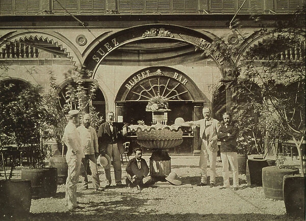 Six European guests outside the Suez Hotel, Cairo, 1880s (albumen print)
