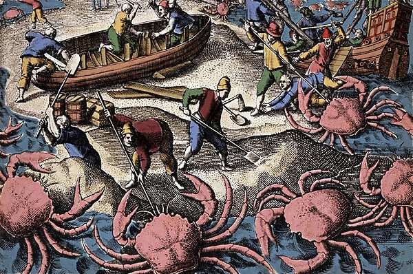 European navigators fighting big crab. Engraving from '