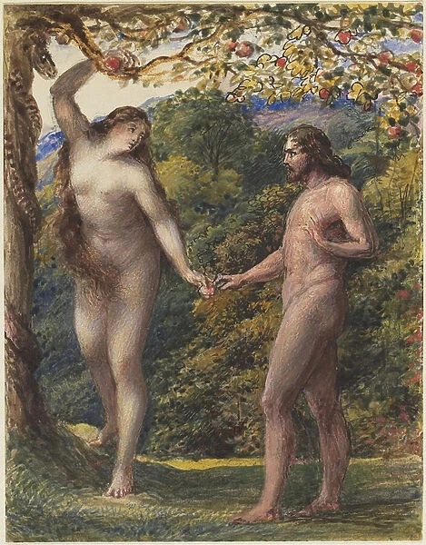 Eve Offering the Forbidden Fruit to Adam, 1830-35 (pen & brown ink with w  /  c heightened with body colour over graphite on wove paper)