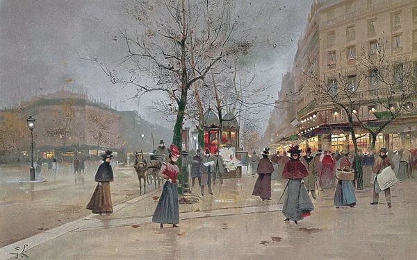 Evening in the Opera Quartier of the Grands Boulevards, early 20th century (colour litho