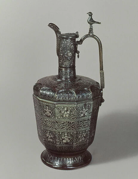 Ewer, Western Persian, 13th century (brass with engravings and silver inlay)