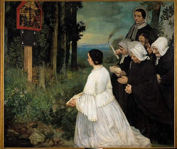 The ex-voto Women (in traditional costumes Bretons?) gathering in front of an ex voto