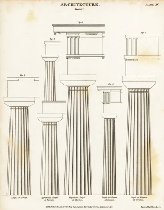 Framed Print : Examples of Doric pillars or columns, classical architecture. 1809 (engraving)