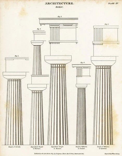 Examples of Doric pillars or columns, classical architecture. 1809 (engraving)