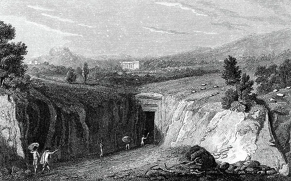 Excavation leading to the remains of Herculaneum buried in the eruption of Vesuvius in 79 AD. Copperplate engraving 1815