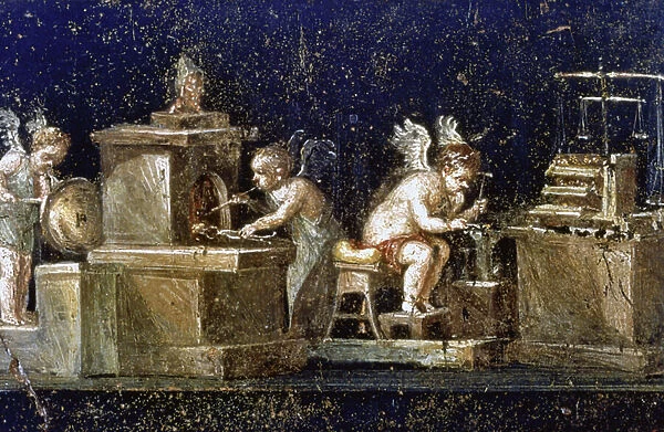 Excavations at Pompei: Wall painting from the House of the Vetti showing cupids as goldsmiths, uncovered during the excavations. Pompei was destroyed by the eruption of Vesuvius in 79 AD