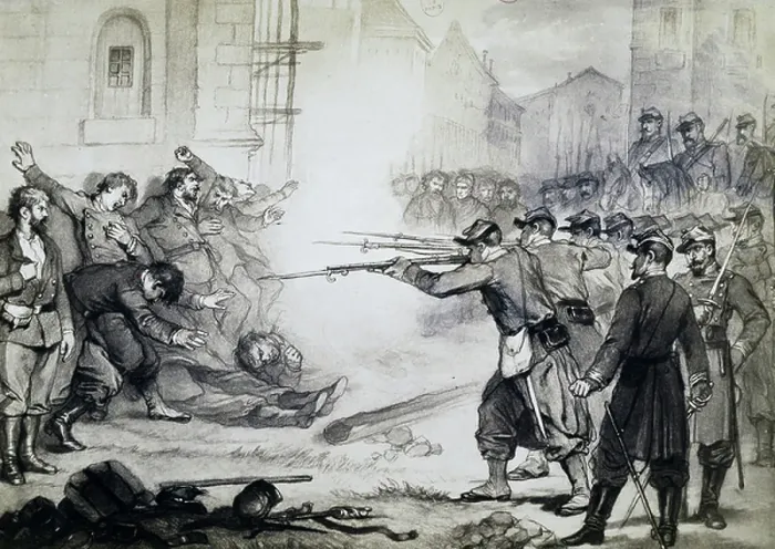 Framed Print : Execution by firing squad of Communards, 1871, engraving, City of Paris, France