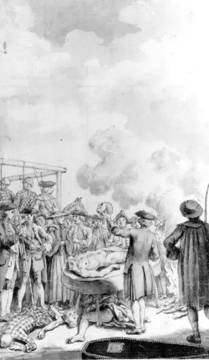 Framed Print : The Execution of Jacobite Rebels on Kennington Common, 1746 (pen, ink & wash on paper)