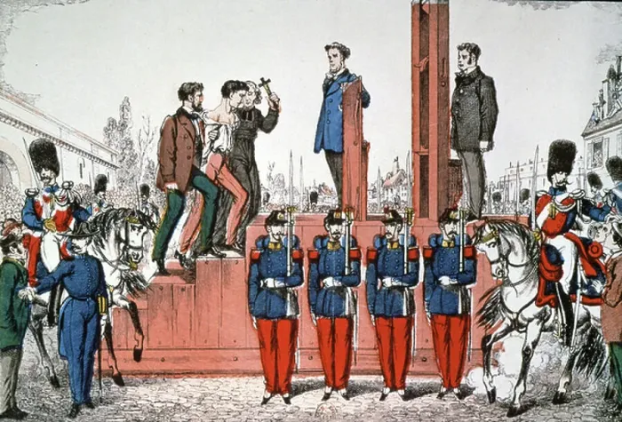 Framed Print : Execution of Jean-Baptiste Troppmann, c.1870 (colour litho) Framed Print : Execution of Jean-Baptiste Troppmann, c.1870 (colour litho)