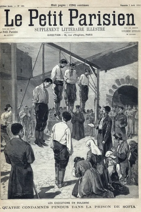 Framed Print : Executions in Bulgaria: four convicts hanged in Sofia prison. 'Le petit parisien' on 7 / 08 / 1892