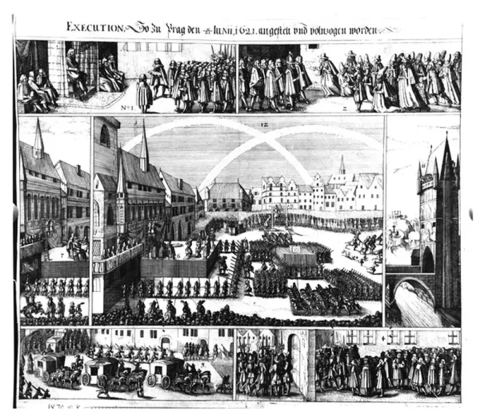 Framed Print : Executions in Staromestske Square, Prague in 1621 (engraving) (b / w photo) Framed Print : Executions in Staromestske Square, Prague in 1621 (engraving) (b / w photo)