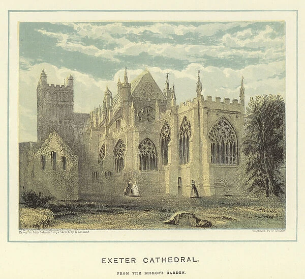 Exeter Cathedral, from the bishops garden (colour litho)