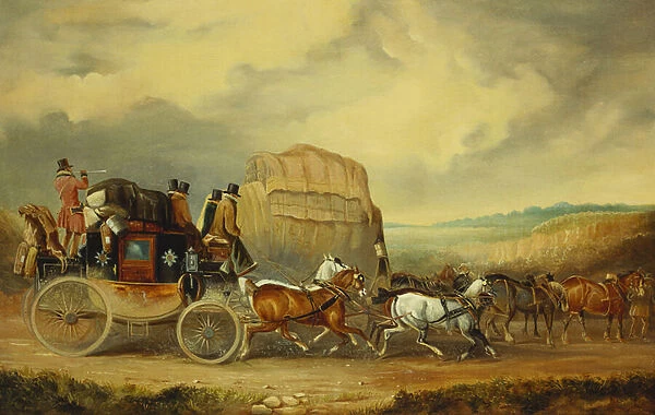 The Exeter to London Royal Mail passing William Downes Exeter Wagon (oil on canvas)