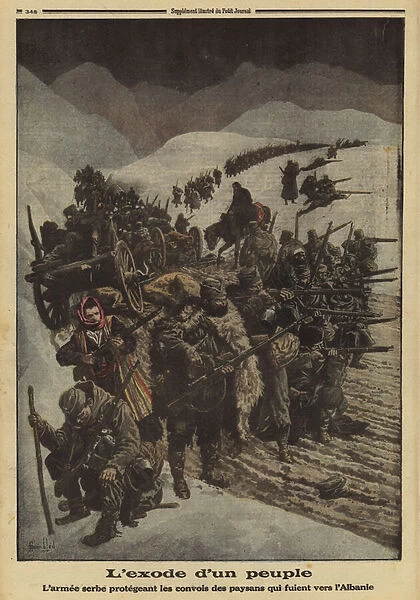 Exodus of a people: the Serbian army protecting a column of peasants fleeing to Albania, World War I, 1915 (colour litho)