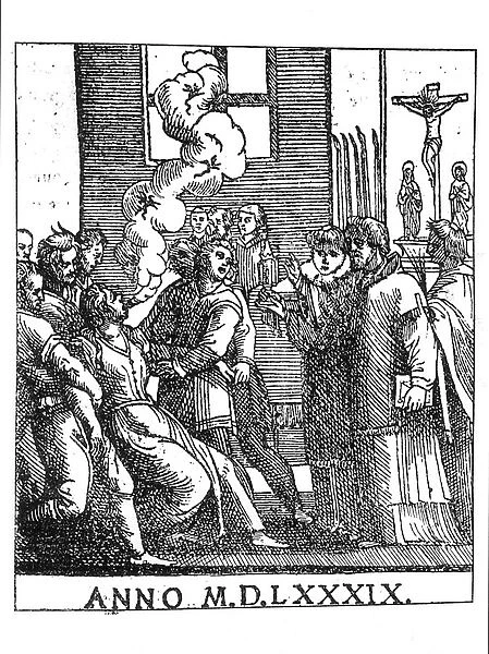 Exorcising scene in 1589 (engraving) (b  /  w photo)