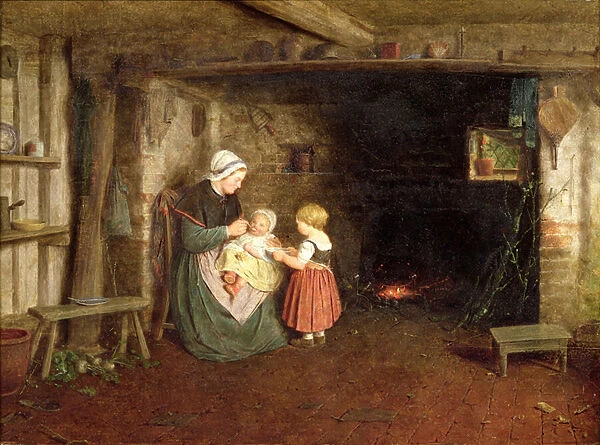 Expectation: Interior of a Cottage with a Mother and Children, 1854 (oil on panel)