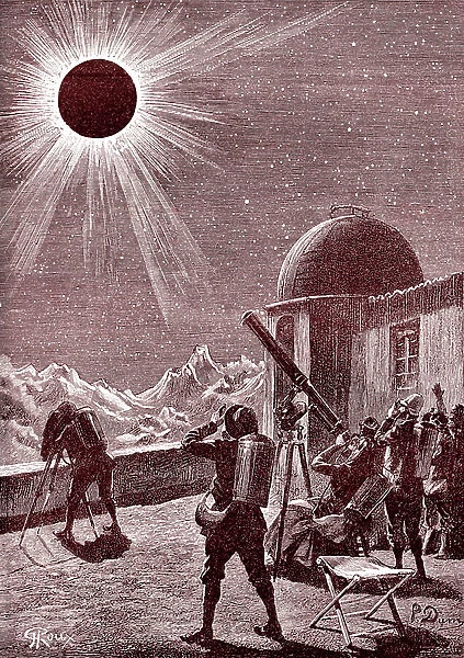 Explorers in the african desert look at the eclipse. 1888 (engraving)