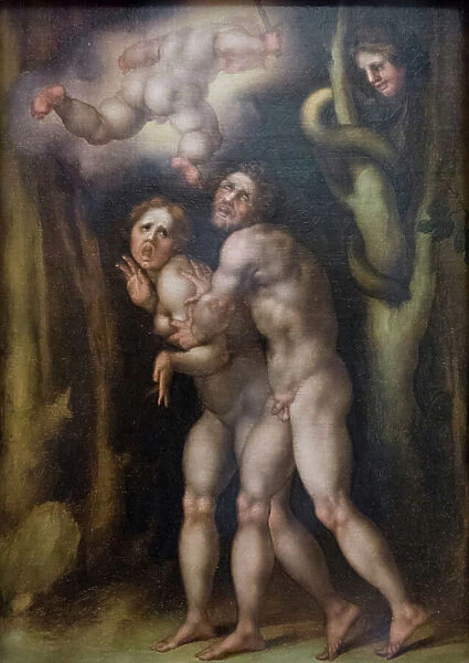Expulsion of Adam and Eve from the earthly paradise, 1518-20, (oil on wood)