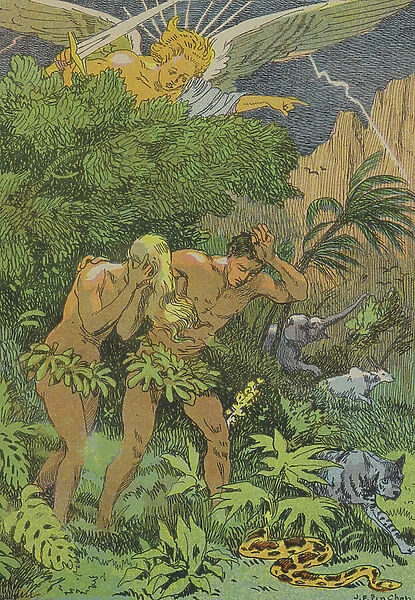 Expulsion of Adam and Eve from the Garden of Eden (colour litho)