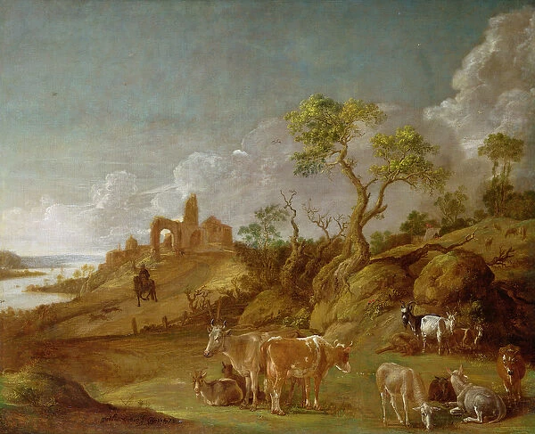 Extensive hilly landscape with cattle, sheep and goats