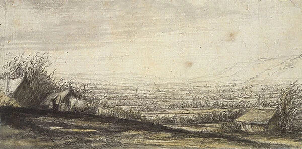Extensive Landscape with Cottage and Cattle (black chalk, grey and yellow wash)