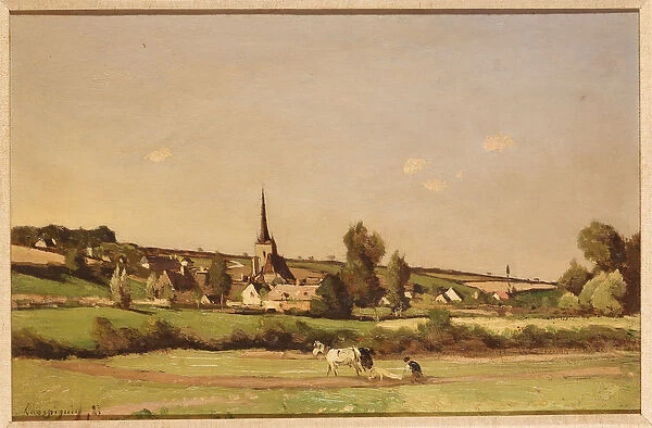 An Extensive Landscape with a Ploughman and a Village beyond (oil on panel)