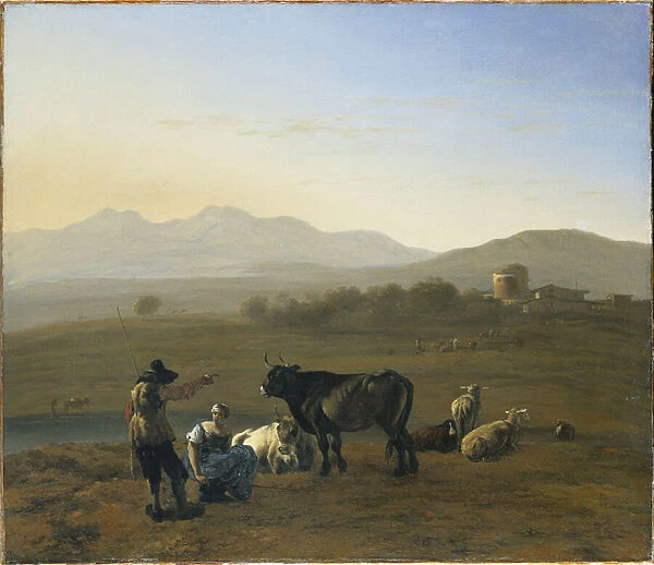 An Extensive Landscape in the Roman Campagna, with Cattle and Shepherds