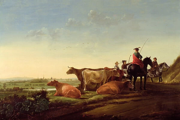 An extensive river landscape with a herdsman pointing the way