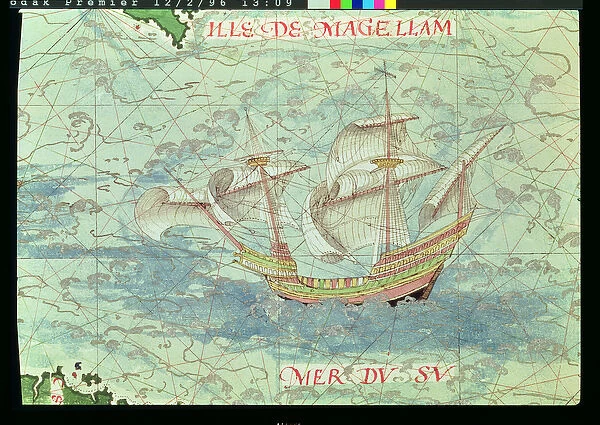 F. 41v A Caravel, detail from Cosmographie Universelle, 1555 (w  /  c on paper)