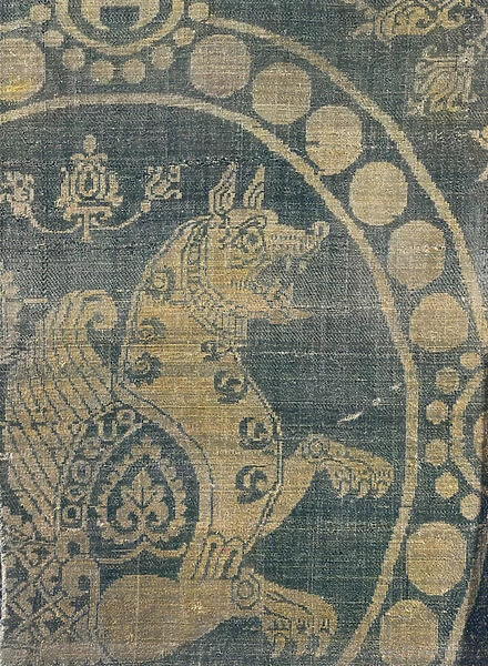 Fabric depicting a simurgh in a beaded surround, from Constantinople (silk) (detail)