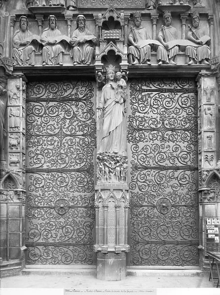 Facade of Notre-Dame, left portal, Paris (b  /  w photo)