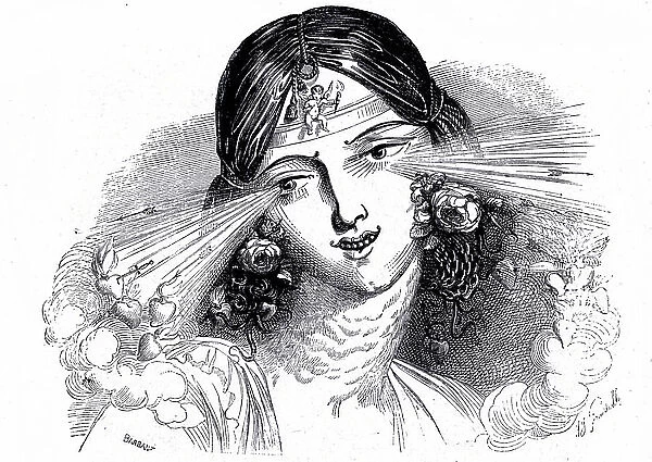 Face of a woman with piercing eyes, 19th century (engraving)