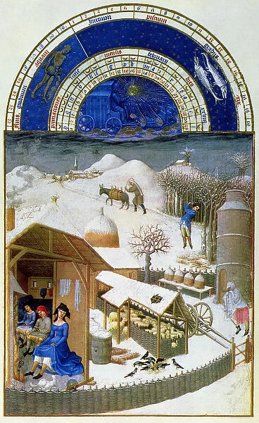 Facsimile of February: farmyard scene with peasants, copied from from the Tres