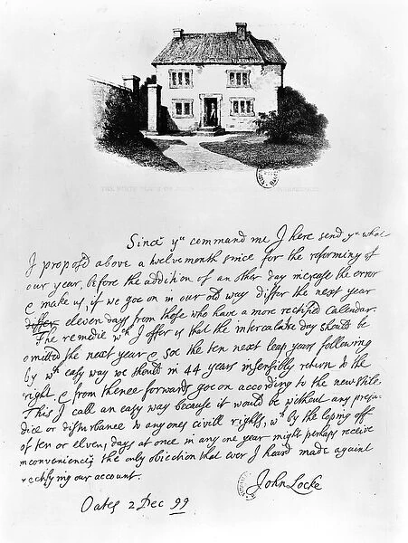 Facsimile of a letter illustrating the house in which Locke (1632-1704) was born in Wrington