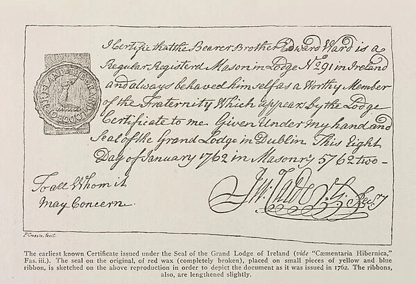 Facsimilie of the earliest known Certificate issued under the Seal of the Grand Lodge of