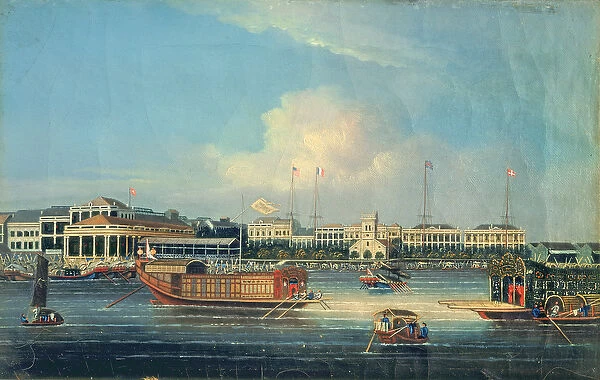 Factories at Canton, from the Harbour, China, 1850 (oil on canvas)