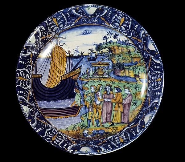 Faience dish representing the arrival of Enee in Delos received by King Arius