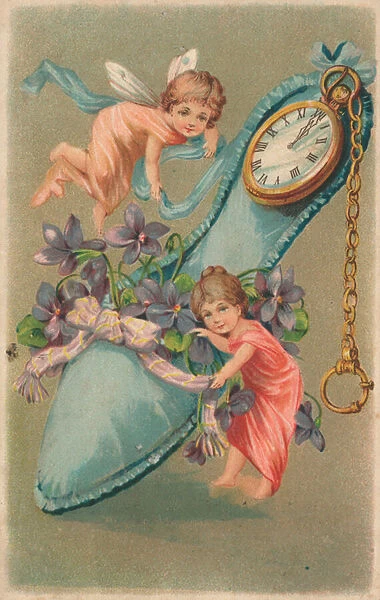 Fairies tying ribbons and flowers around a cushion, New Years card (colour litho)