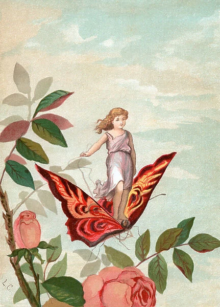 Fairy Riding a Butterfly Among Roses, 1882 (chromolitho)