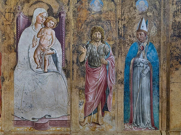 Detail of a fake polyptych with the Virgin Mary and Child, S. Anthony of Padua, St. John and St. Louis of Toulouse, Chapel of St. Jerome, 1452 (fresco)