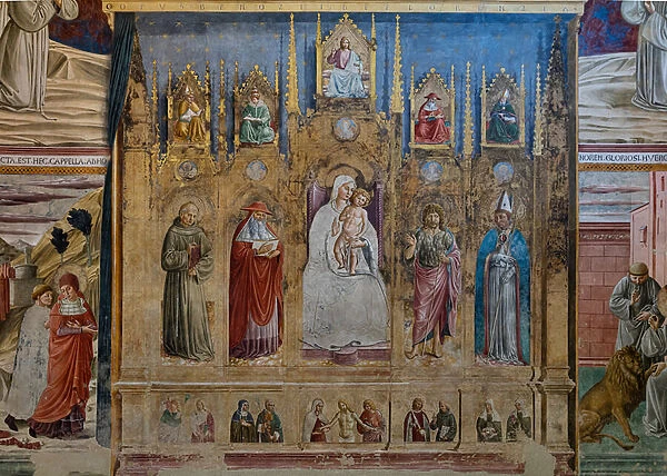 A fake polyptych with the Virgin Mary and Child, S. Anthony of Padua, St. Jerome, St. John and St. Louis of Toulouse, Chapel of St. Jerome, 1452 (fresco)