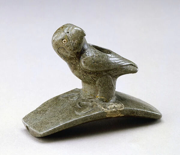 Falcon effigy pipe, 200 BC- 100 AD (pipestone & river pearl)