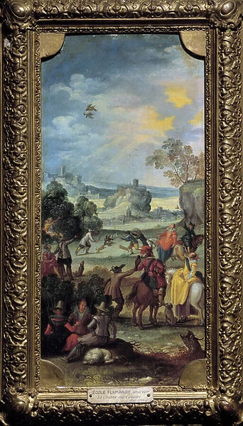 Falcon hunting Scene hunting and rest in the countryside. Painting of the Flemish School