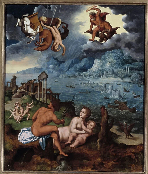 The fall of Phaeton Phaeton (Phaethon), unable to control the Helios tank, was struck by Zeus, and fell into the Eridan River. Painting by Claude Mignon (1535-1555) 16th century Rouen, Musee des Beaux Arts