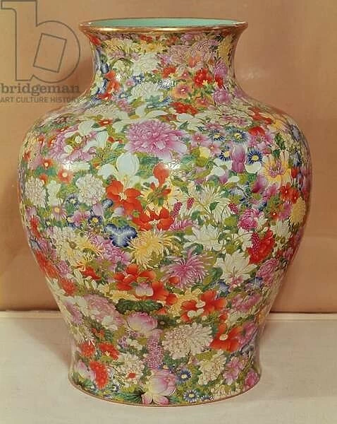 Famille Rose vase with a mille fleurs decoration, Qianlong Dynasty, 1736-96 (ceramic)