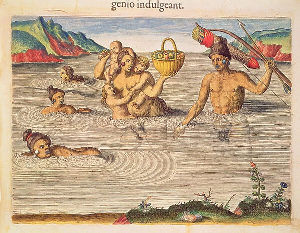 A Family Crossing a River, from Brevis Narratio engraved by Theodore de Bry