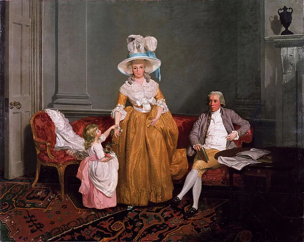 A Family Group, the Father Seated, the Mother and Daughter Standing, in an Interior