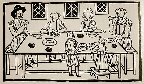 A Family Meal, c. 1600 (woodcut) (sepia photo)